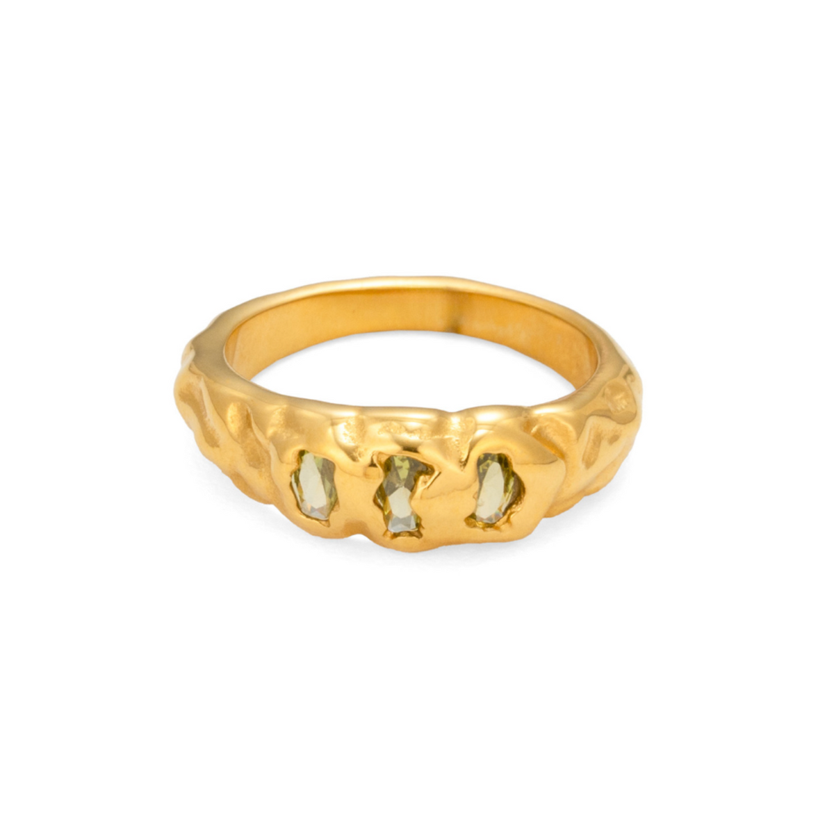 A textured gold ring featuring three small, irregularly shaped olive green CZ stone set into a wavy, organic design.